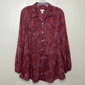 LOGO Stretch Woven Button Front Blouse Loose Fit Large Ruffle Hem Berry Small